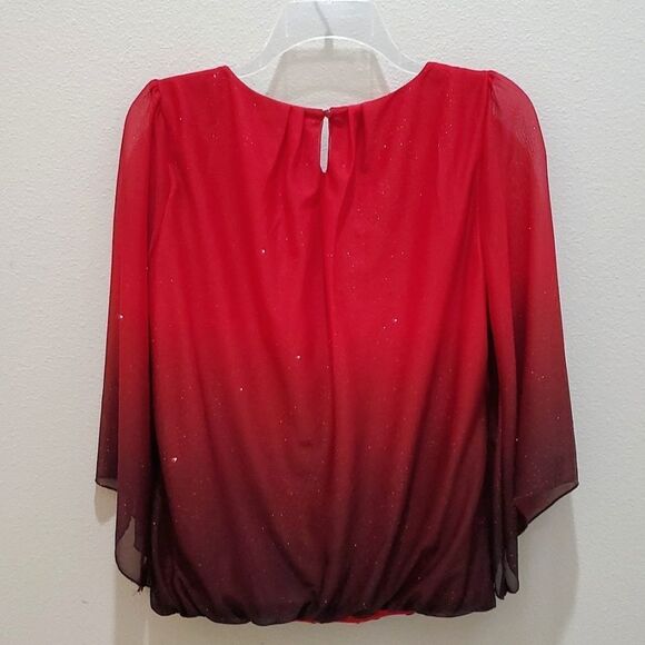 SARA MICHELLE BLOUSE, Sz S, RED SPARKLING, 3/4 SLEEVE, SCOOP NECK, POLYESTER - Picture 8 of 14